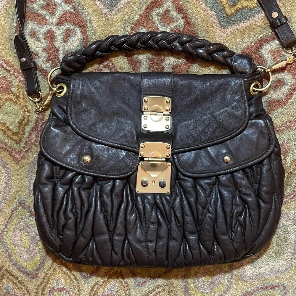 Besso Italian Genuine Leather Chocolate Brown Quilted Shoulder Bag 16”x12”
